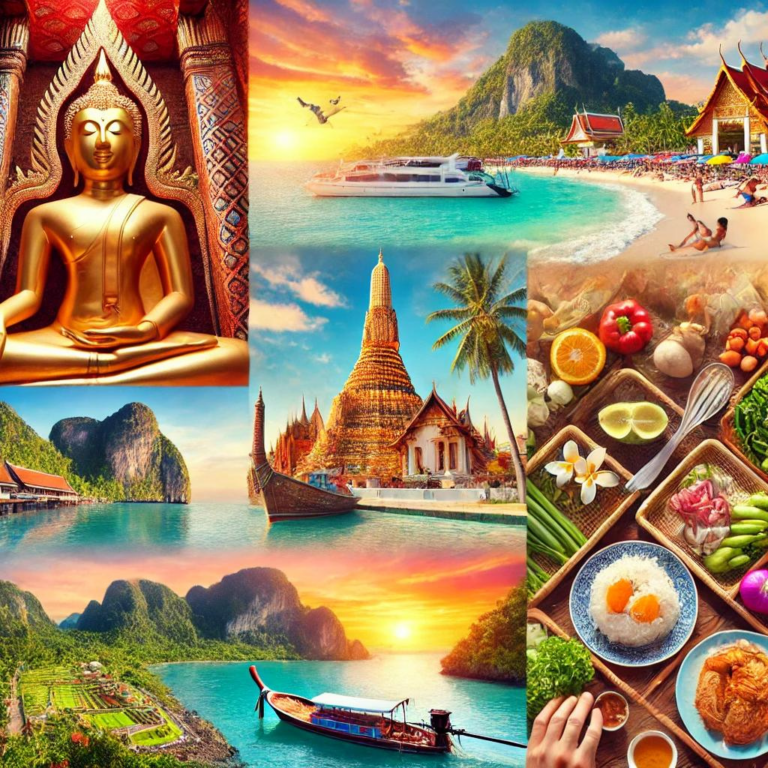 Collage vibrant des activités incontournables en Thaïlande, montrant un temple bouddhiste, une plage paradisiaque, un marché flottant animé, une scène de cours de cuisine thaïlandaise, et les montagnes verdoyantes du parc national de Doi Inthanon.